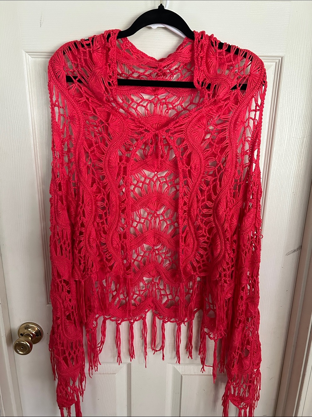 Open-Knit Fringe Poncho Sweater in Coral